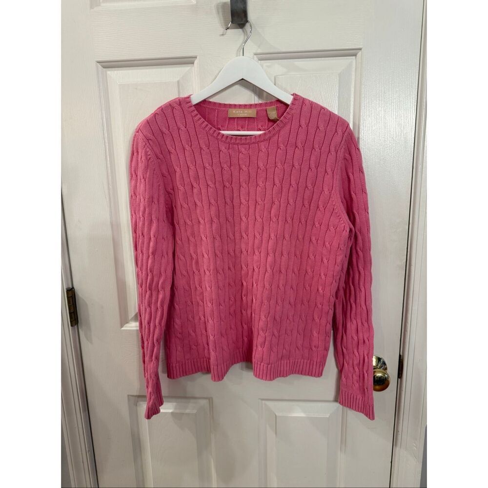 Kate Hill Pink Cable Knit Crew Neck Sweater sz L EUC
